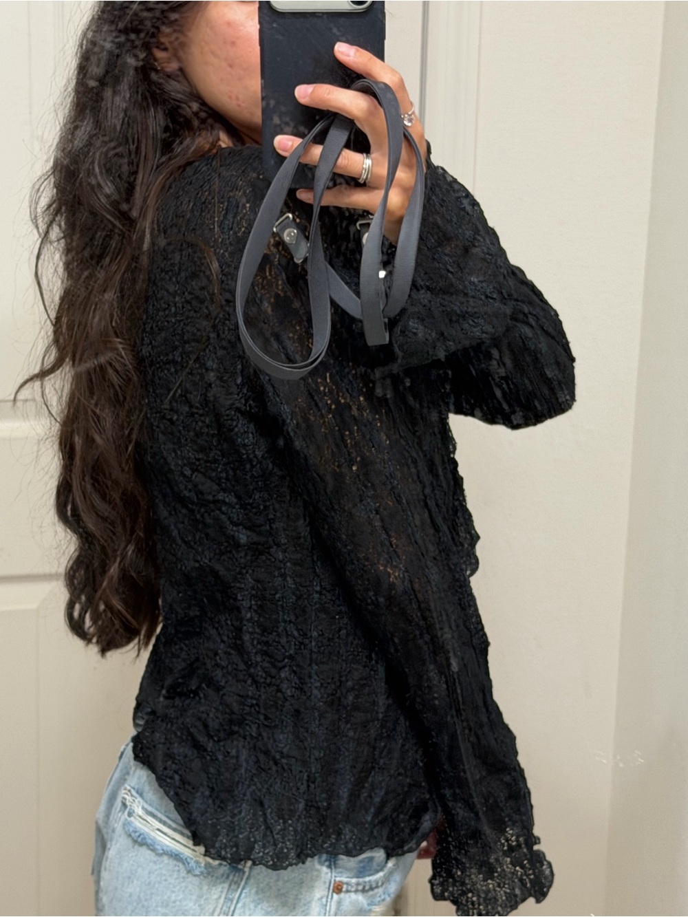 Women's Black Lace Ruffle Button-Front Top - Picture 6 of 7